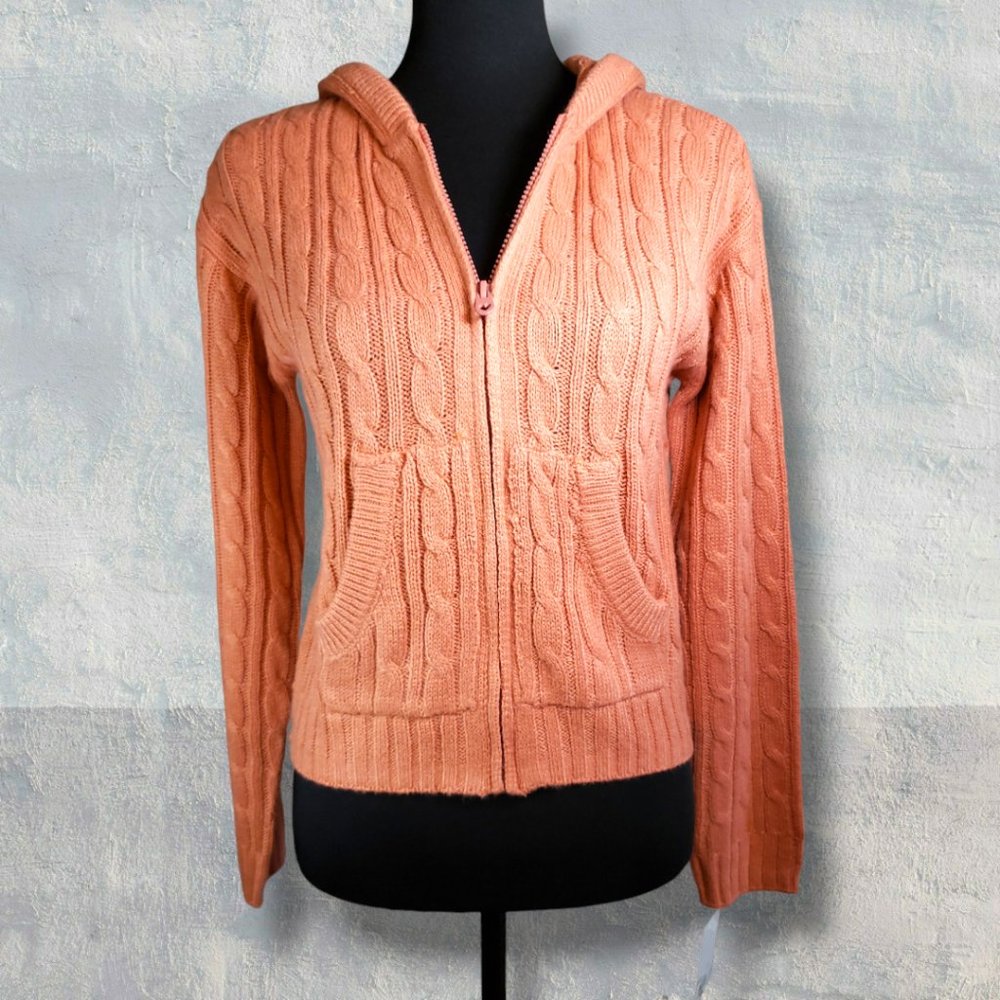 NWT SO Peach/Pink Cable Knit Hooded Long Sleeve Zip Up Jacket, 2 pockets, XL